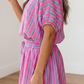 Deema Pink Stripe Dolman Short Sleeve Blouse Drawstring Elastic Waist Loose Short Set