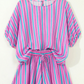 Deema Pink Stripe Dolman Short Sleeve Blouse Drawstring Elastic Waist Loose Short Set