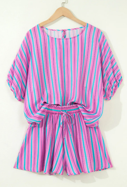 Deema Pink Stripe Dolman Short Sleeve Blouse Drawstring Elastic Waist Loose Short Set