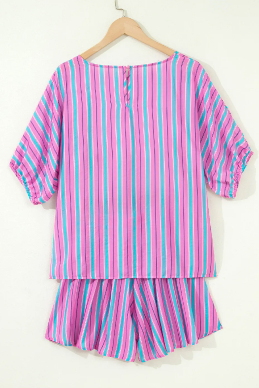 Deema Pink Stripe Dolman Short Sleeve Blouse Drawstring Elastic Waist Loose Short Set