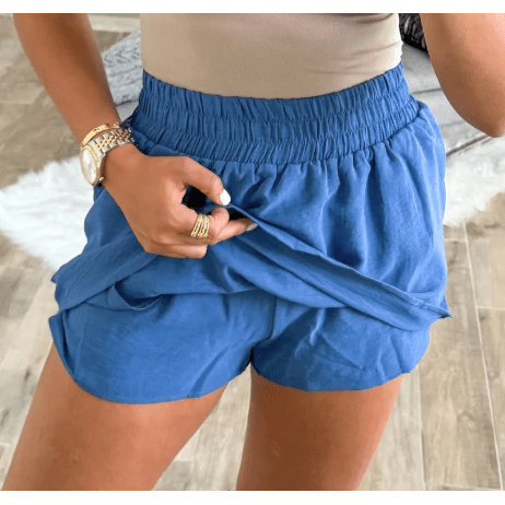 Evanne Blue Solid Color Elastic Waist Casual Skort