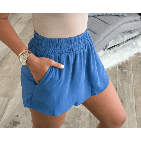 Evanne Blue Solid Color Elastic Waist Casual Skort