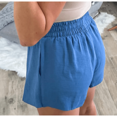 Evanne Blue Solid Color Elastic Waist Casual Skort