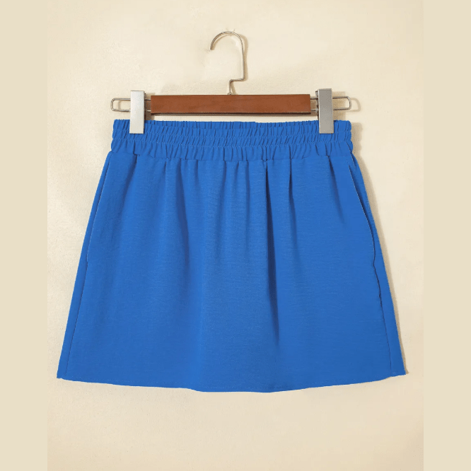 Evanne Blue Solid Color Elastic Waist Casual Skort