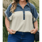 Natty Light Grey Half Buttons Collared Denim Patchwork Plus Short Sleeve Top