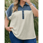 Natty Light Grey Half Buttons Collared Denim Patchwork Plus Short Sleeve Top