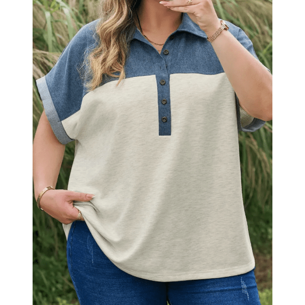Natty Light Grey Half Buttons Collared Denim Patchwork Plus Short Sleeve Top