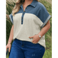 Natty Light Grey Half Buttons Collared Denim Patchwork Plus Short Sleeve Top