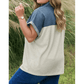 Natty Light Grey Half Buttons Collared Denim Patchwork Plus Short Sleeve Top