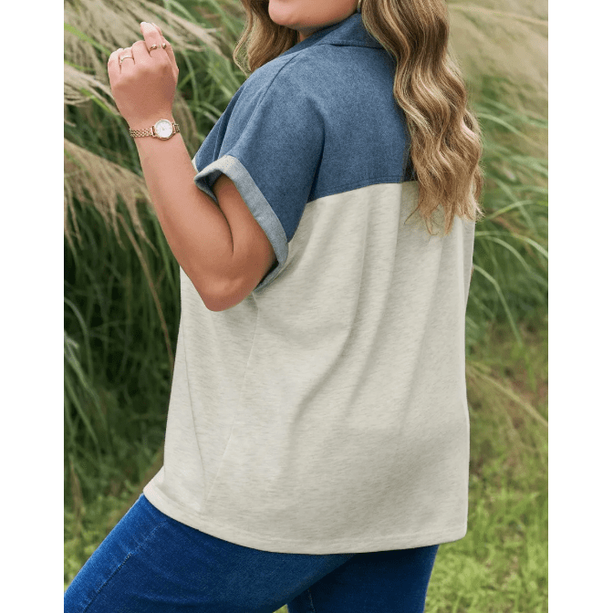 Natty Light Grey Half Buttons Collared Denim Patchwork Plus Short Sleeve Top