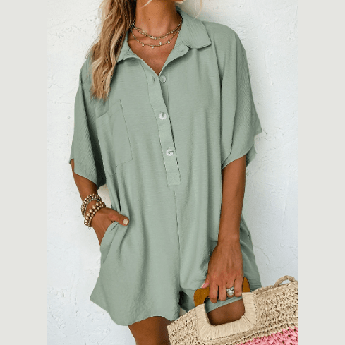 Jorgie Spinach Green Half Button Collared Loose Romper