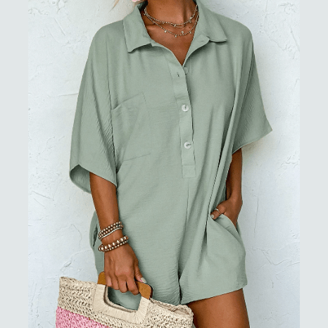 Jorgie Spinach Green Half Button Collared Loose Romper