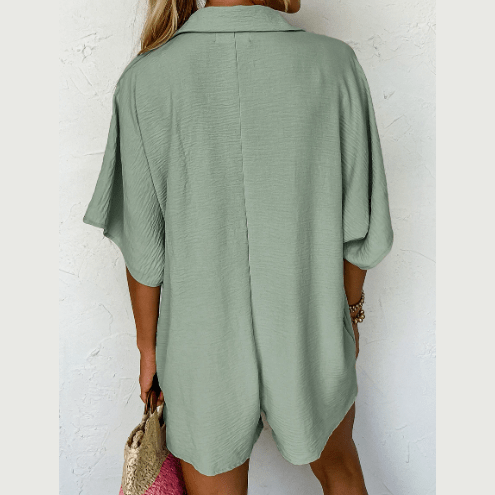 Jorgie Spinach Green Half Button Collared Loose Romper