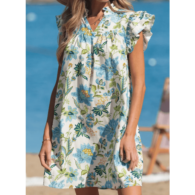 SALE!!!  Bellamy Floral Print V Neck Triple Ruffle Short Sleeve Shift Mini Dress