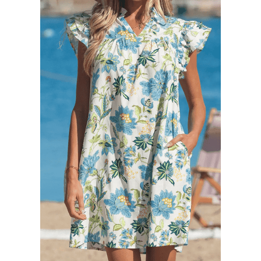 SALE!!!  Bellamy Floral Print V Neck Triple Ruffle Short Sleeve Shift Mini Dress