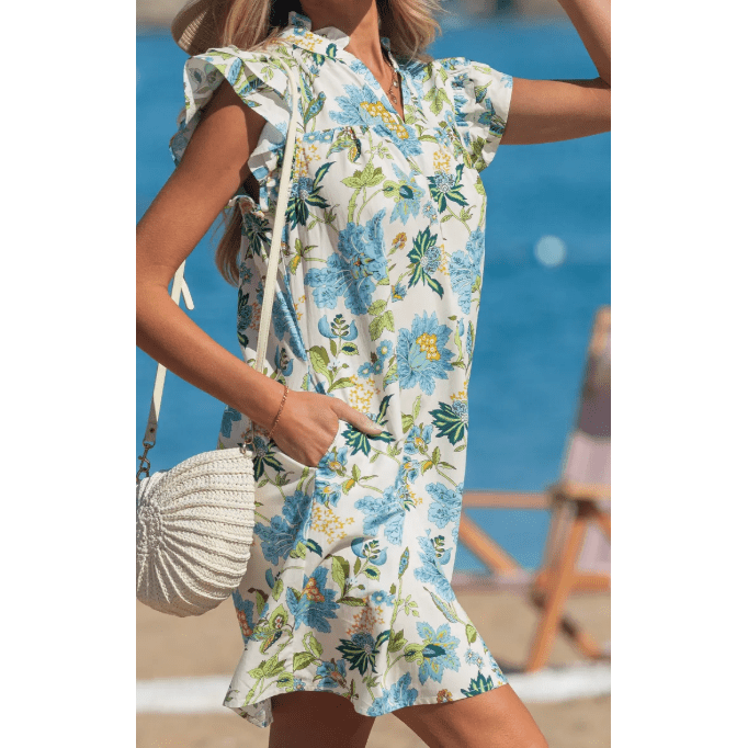 SALE!!!  Bellamy Floral Print V Neck Triple Ruffle Short Sleeve Shift Mini Dress