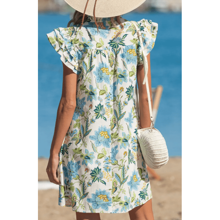 SALE!!!  Bellamy Floral Print V Neck Triple Ruffle Short Sleeve Shift Mini Dress