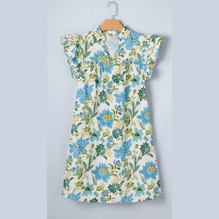 SALE!!!  Bellamy Floral Print V Neck Triple Ruffle Short Sleeve Shift Mini Dress