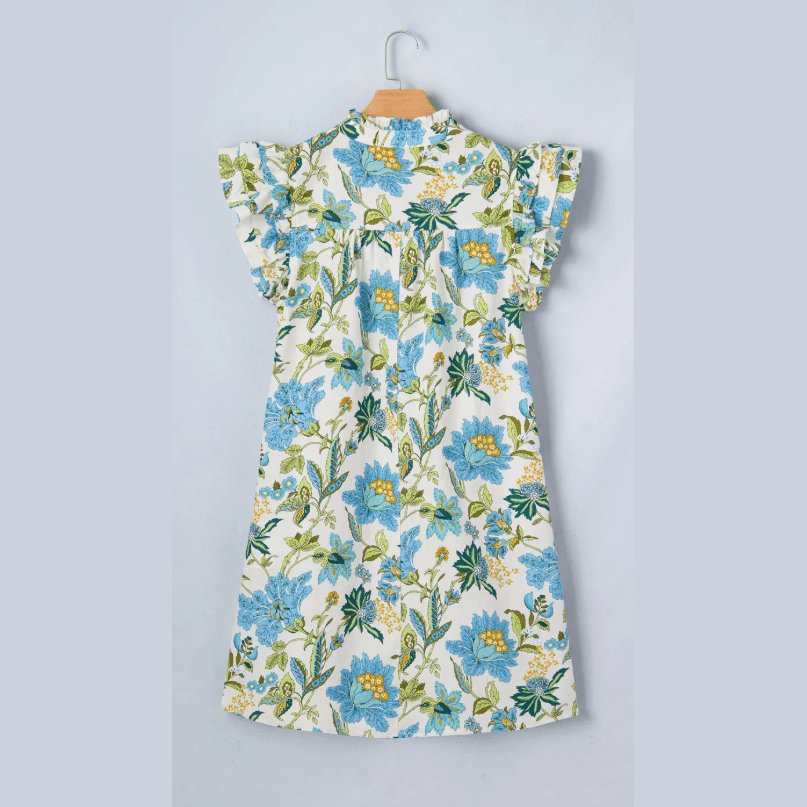 SALE!!!  Bellamy Floral Print V Neck Triple Ruffle Short Sleeve Shift Mini Dress