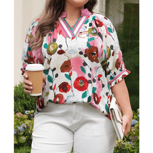 Carlie Pink V Neck Short Puff Sleeve Plus Size Floral Blouse