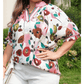 Carlie Pink V Neck Short Puff Sleeve Plus Size Floral Blouse