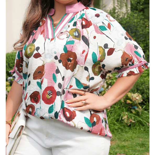 Carlie Pink V Neck Short Puff Sleeve Plus Size Floral Blouse