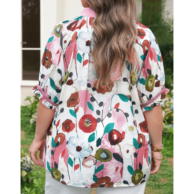 Carlie Pink V Neck Short Puff Sleeve Plus Size Floral Blouse