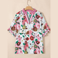 Carlie Pink V Neck Short Puff Sleeve Plus Size Floral Blouse