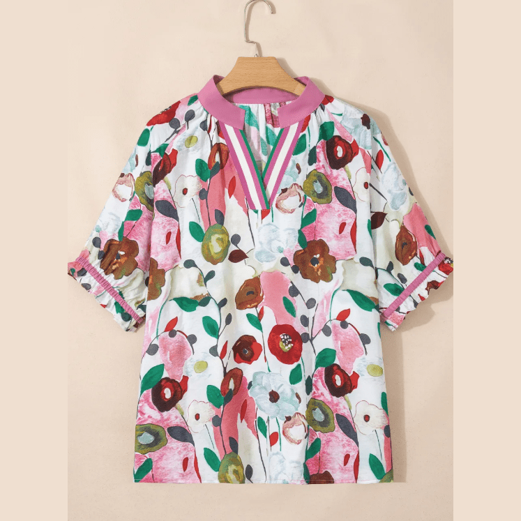Carlie Pink V Neck Short Puff Sleeve Plus Size Floral Blouse