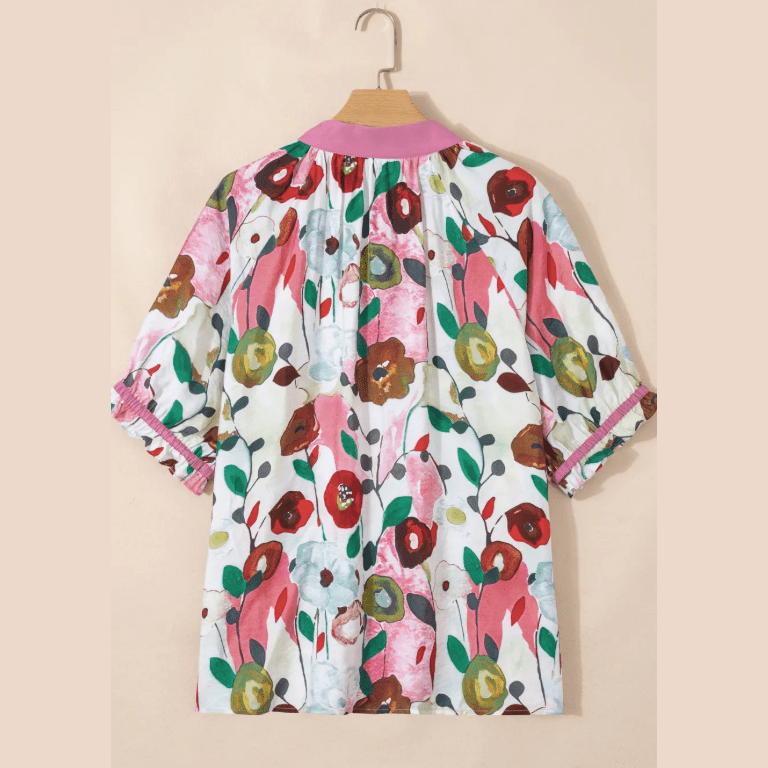 Carlie Pink V Neck Short Puff Sleeve Plus Size Floral Blouse