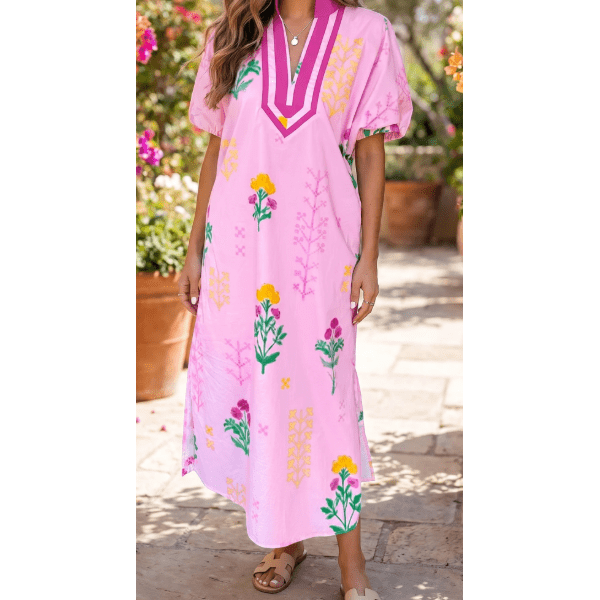 RTS Pink Floral Print Short Sleeve Colorblcok Trim V Neck Midi Dress
