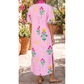 RTS Pink Floral Print Short Sleeve Colorblcok Trim V Neck Midi Dress