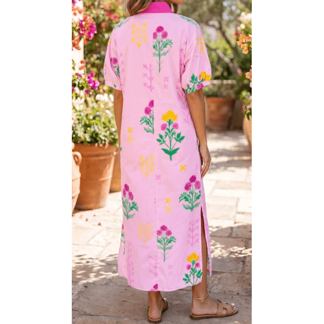 RTS Pink Floral Print Short Sleeve Colorblcok Trim V Neck Midi Dress
