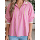 RTS Pink Stripe Striped V-Neck Half Sleeve Zipper Ribbed Cuff Casual Shift Blouse