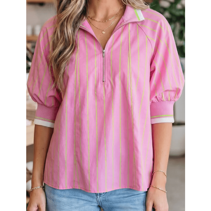 RTS Pink Stripe Striped V-Neck Half Sleeve Zipper Ribbed Cuff Casual Shift Blouse