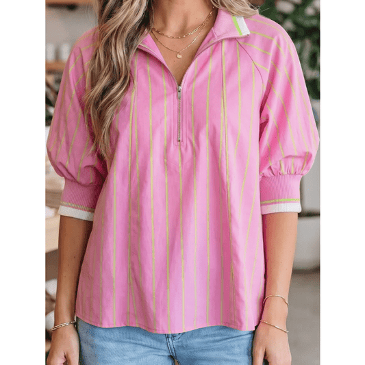 RTS Pink Stripe Striped V-Neck Half Sleeve Zipper Ribbed Cuff Casual Shift Blouse