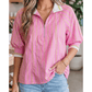 RTS Pink Stripe Striped V-Neck Half Sleeve Zipper Ribbed Cuff Casual Shift Blouse