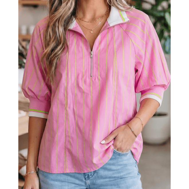 RTS Pink Stripe Striped V-Neck Half Sleeve Zipper Ribbed Cuff Casual Shift Blouse