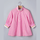 RTS Pink Stripe Striped V-Neck Half Sleeve Zipper Ribbed Cuff Casual Shift Blouse