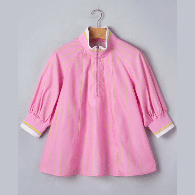 RTS Pink Stripe Striped V-Neck Half Sleeve Zipper Ribbed Cuff Casual Shift Blouse