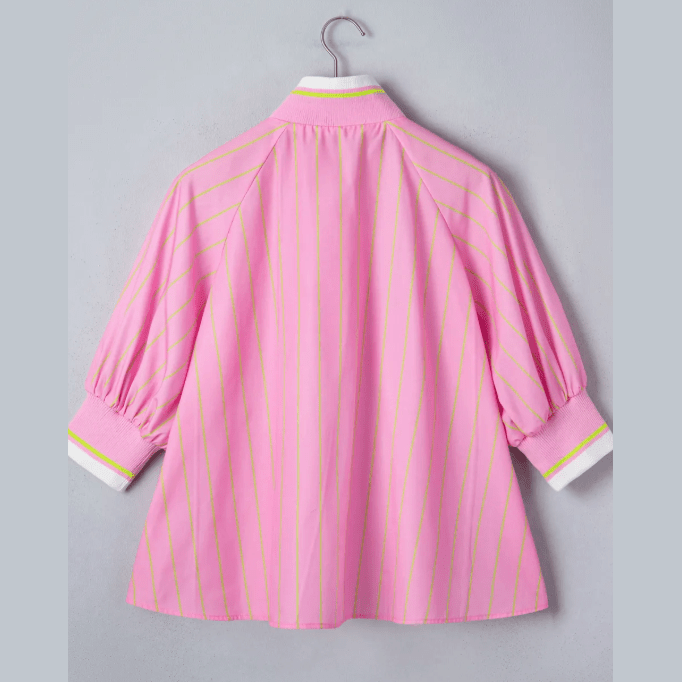 RTS Pink Stripe Striped V-Neck Half Sleeve Zipper Ribbed Cuff Casual Shift Blouse
