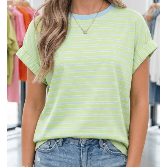RTS Green Stripe Striped Round Neck Short Sleeve Casual Shift T-Shirt