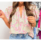 RTS Pink Tie V Neck Floral Short Puff Sleeve Blouse