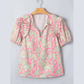 RTS Pink Tie V Neck Floral Short Puff Sleeve Blouse