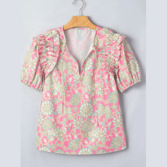 RTS Pink Tie V Neck Floral Short Puff Sleeve Blouse