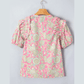 RTS Pink Tie V Neck Floral Short Puff Sleeve Blouse