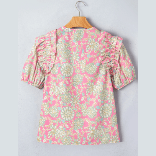 RTS Pink Tie V Neck Floral Short Puff Sleeve Blouse