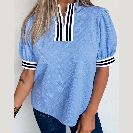 RTS Textured Stripe Trim Split Neck Puff Sleeve Top