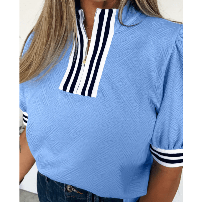 RTS Textured Stripe Trim Split Neck Puff Sleeve Top