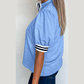 RTS Textured Stripe Trim Split Neck Puff Sleeve Top